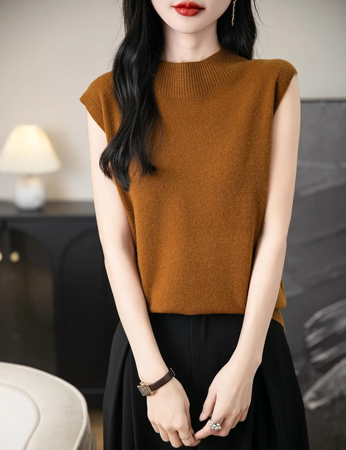 Women's 100% Merino Wool Spring Fall Winter First-Line Ready to Wear Mock Neck Seamless Knit Sleeveless Sweater Vest