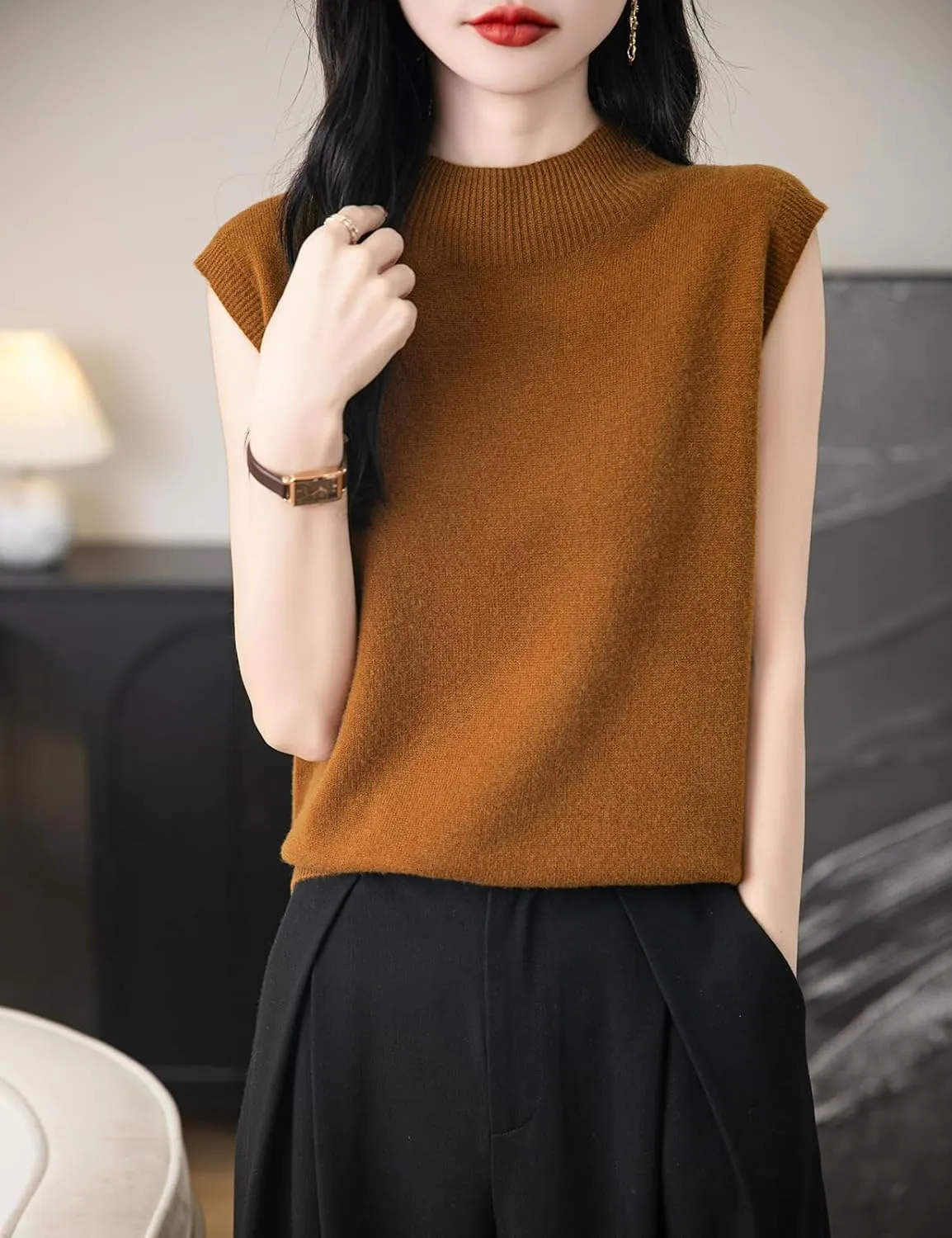 Women's 100% Merino Wool Spring Fall Winter First-Line Ready to Wear Mock Neck Seamless Knit Sleeveless Sweater Vest
