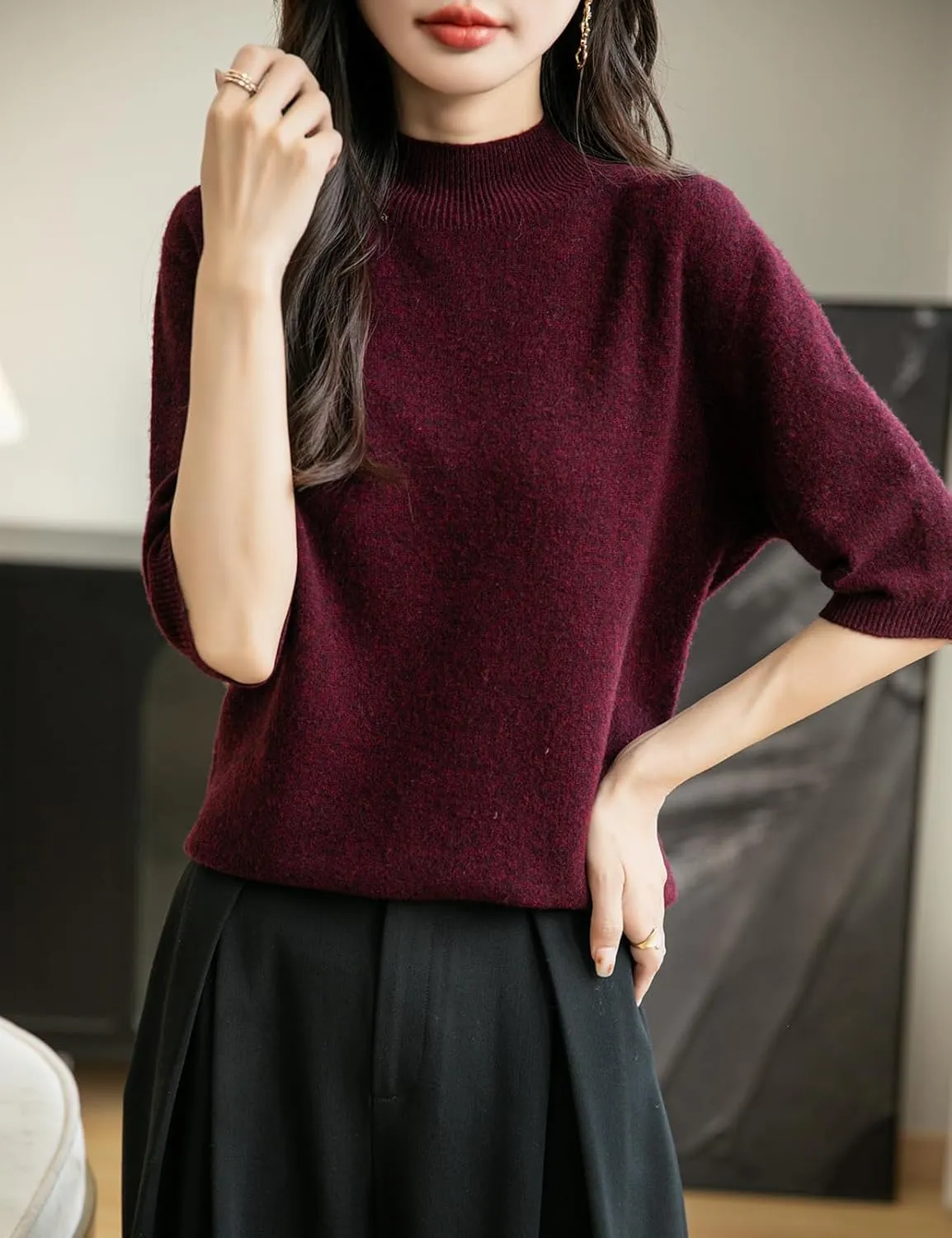 Women's 100% Merino Wool Spring Fall Winter First-Line Ready to Wear Seamless Knit Short Sleeve Mock Neck Sweater