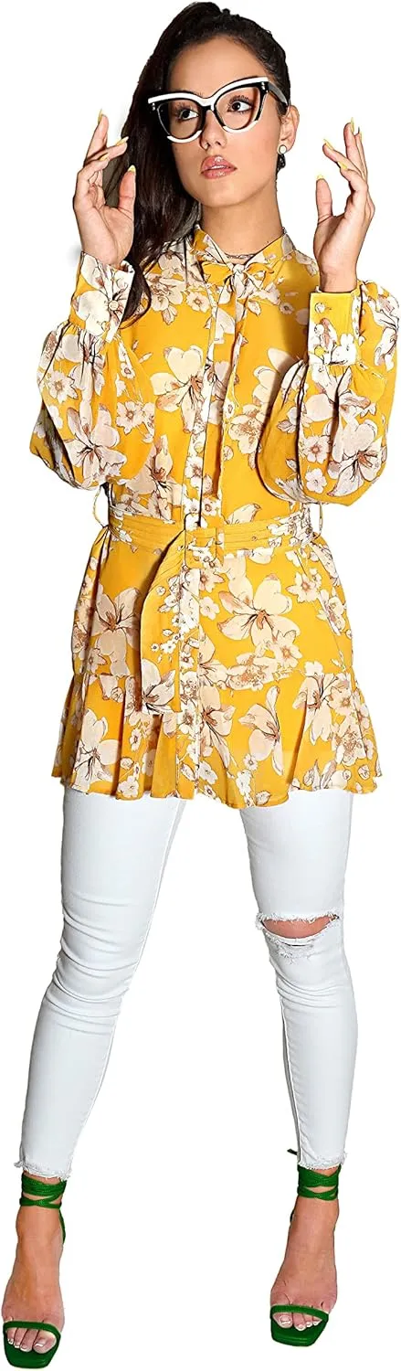 Women's 3-in-1 Long Sleeve Button Dress Top Kimono Floral Mini Cocktail Party Ruffle Hem with Belt