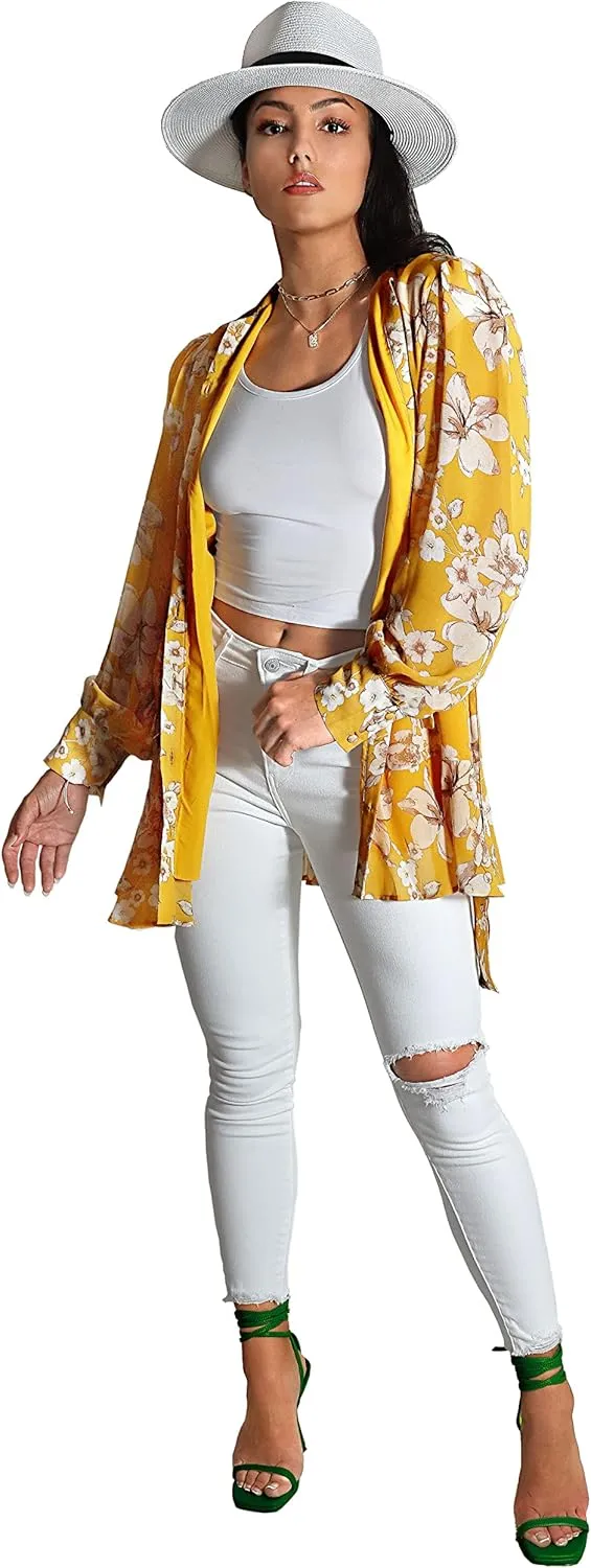 Women's 3-in-1 Long Sleeve Button Dress Top Kimono Floral Mini Cocktail Party Ruffle Hem with Belt