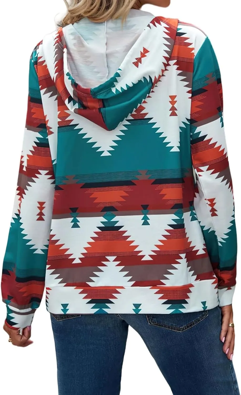 Women's Aztec Pattern Western Coats Ethnic Style Hooded Sweatshirts Casual Long Sleeve Zip Up Vintage Jackets