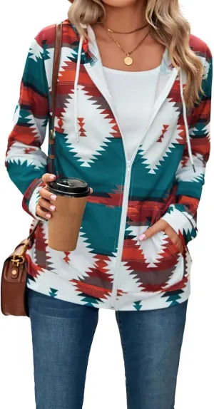 Women's Aztec Pattern Western Coats Ethnic Style Hooded Sweatshirts Casual Long Sleeve Zip Up Vintage Jackets
