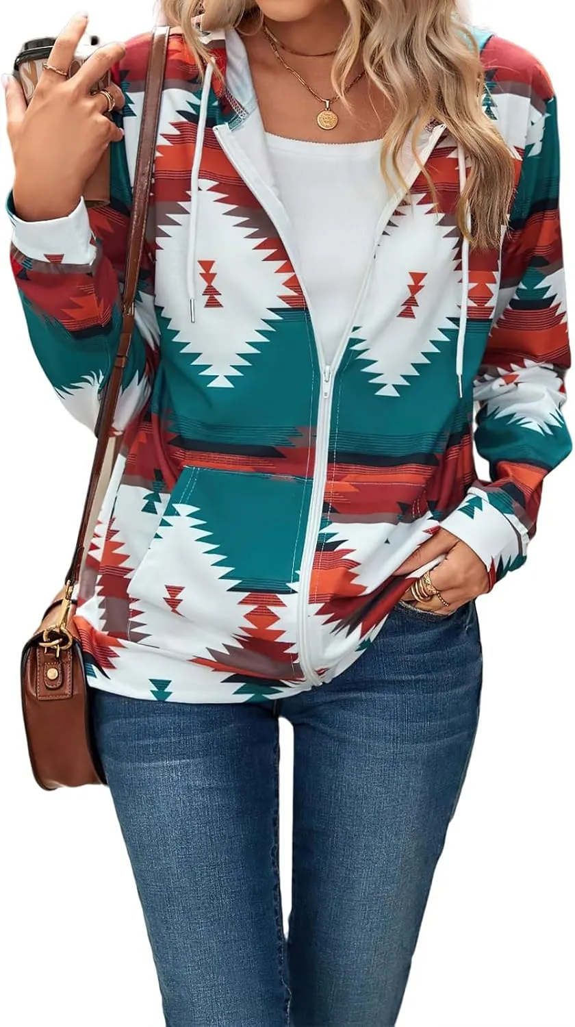 Women's Aztec Pattern Western Coats Ethnic Style Hooded Sweatshirts Casual Long Sleeve Zip Up Vintage Jackets