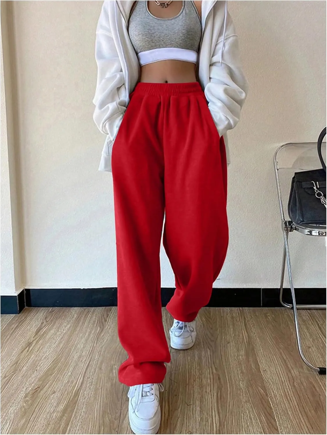 Women's Baggy Sweatpants High Elastic Waist Straight Leg Long Pants Athletic Casual Lounge Trousers