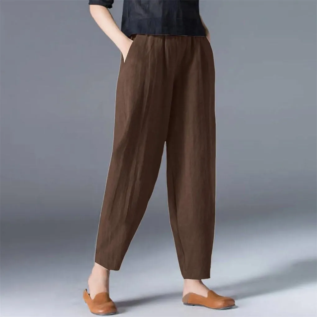 Women's Breathable Linen Pants Elastic Waist Casual All-Match Slim Fit Harem Pants