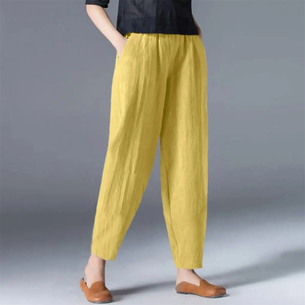 Women's Breathable Linen Pants Elastic Waist Casual All-Match Slim Fit Harem Pants