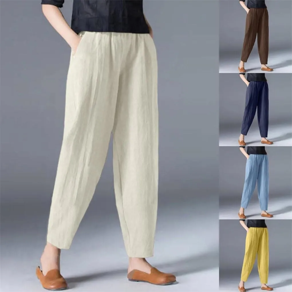 Women's Breathable Linen Pants Elastic Waist Casual All-Match Slim Fit Harem Pants