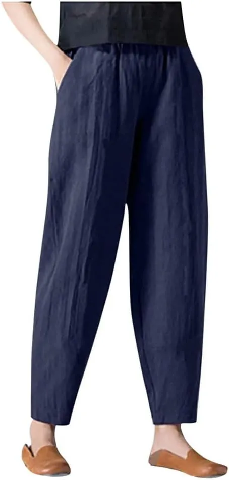 Women's Breathable Linen Pants Elastic Waist Casual All-Match Slim Fit Harem Pants