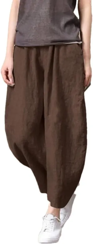 Women's Breathable Linen Pants Elastic Waist Casual All-Match Slim Fit Harem Pants