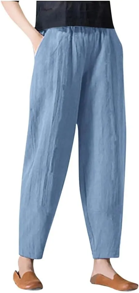 Women's Breathable Linen Pants Elastic Waist Casual All-Match Slim Fit Harem Pants