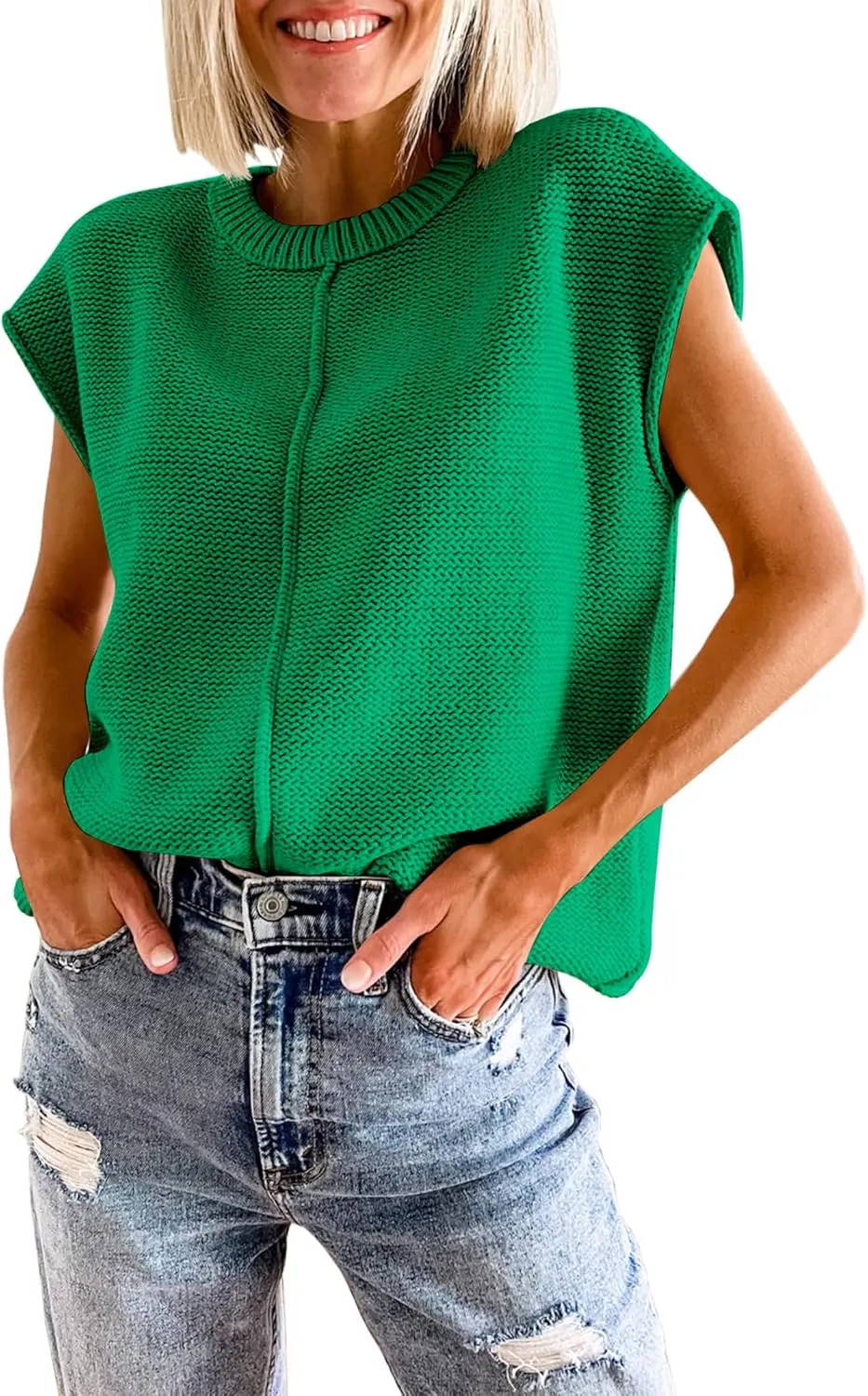 Womens Cap Sleeve Sweater Vest Crew Neck Knit Sleeveless Tank Tops Casual Lightweight Pullover Sweaters