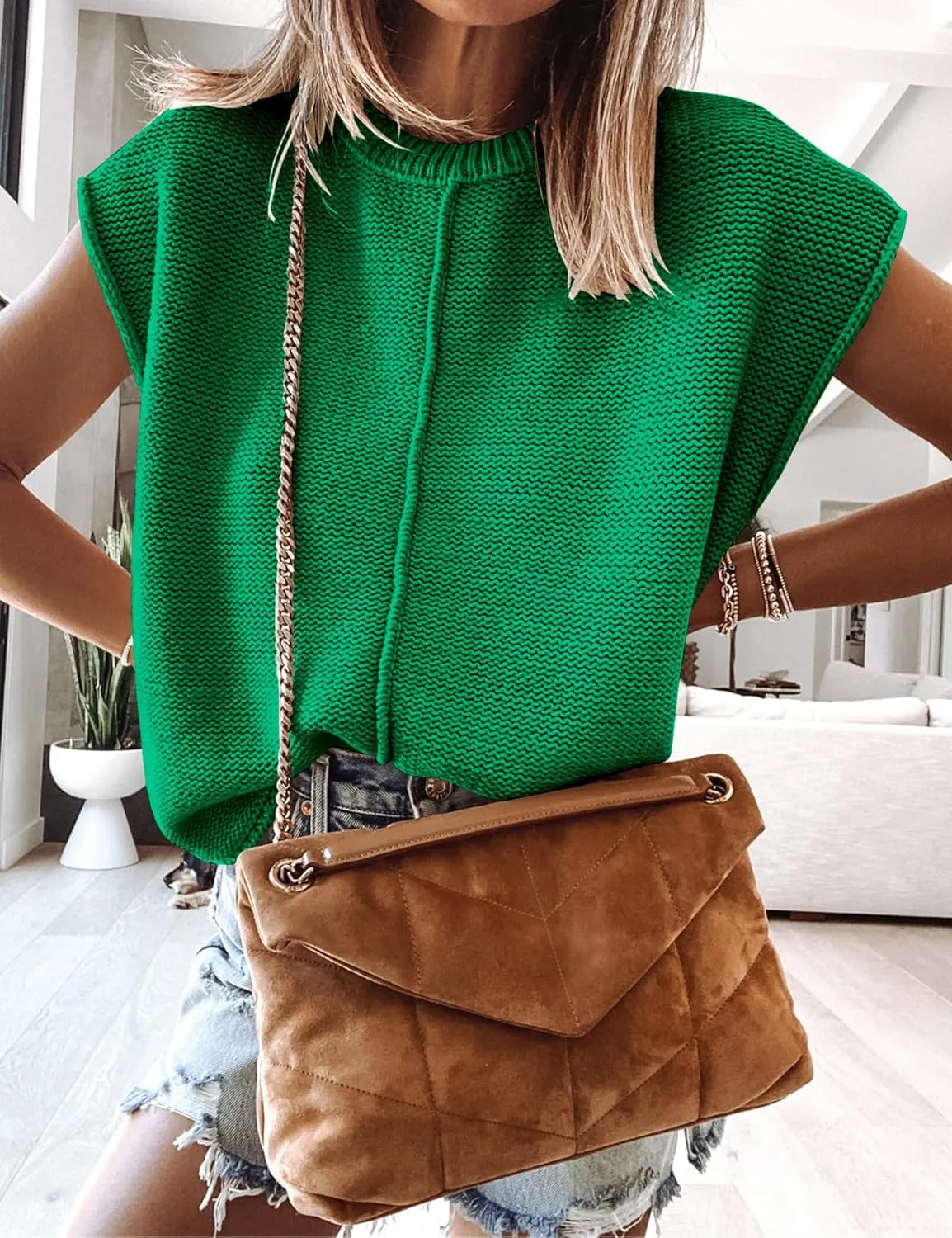 Womens Cap Sleeve Sweater Vest Crew Neck Knit Sleeveless Tank Tops Casual Lightweight Pullover Sweaters