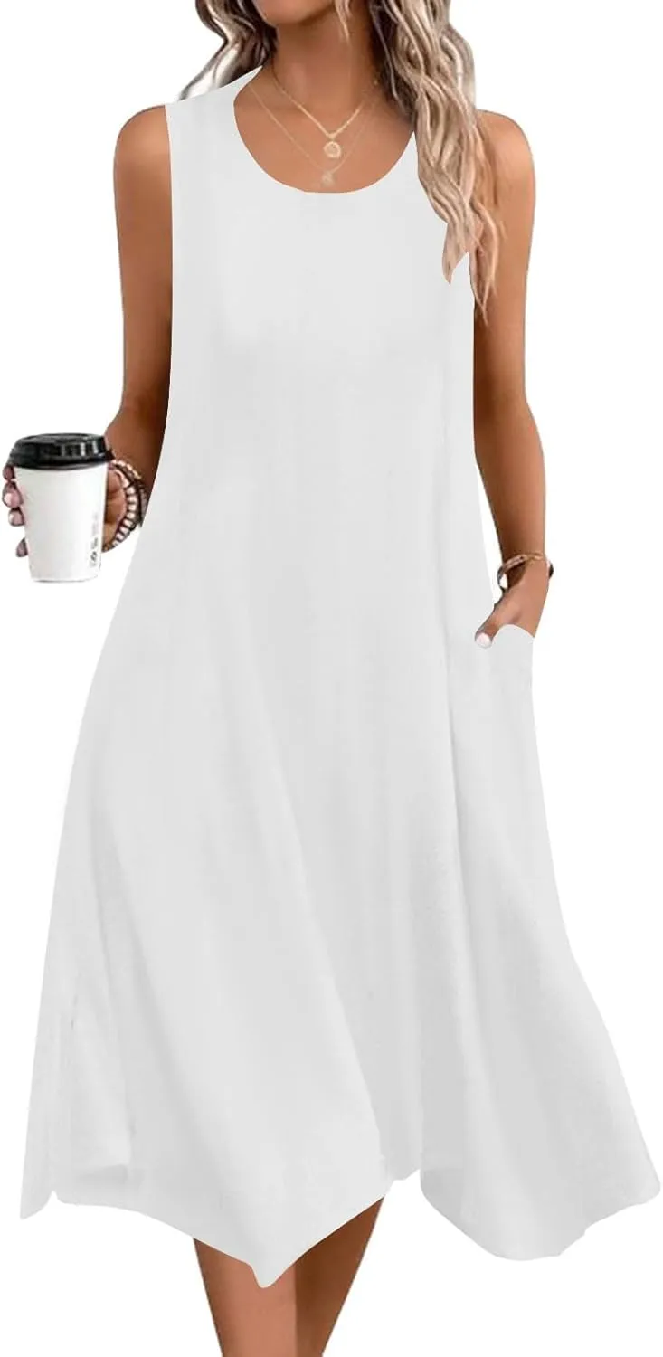 Women's Casual Dress for Summer Tank Dress Loose Flowy Beach Dress with Pockets Asymmetrical Hem Midi Sundress 2025