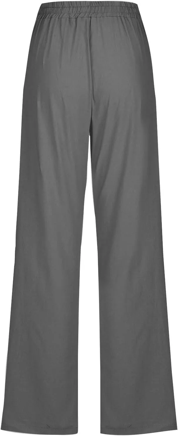 Womens Casual Linen High Waist Pants Plus Size Drawstring Summer Beach Pants Loose Lightweight Trousers with Pockets