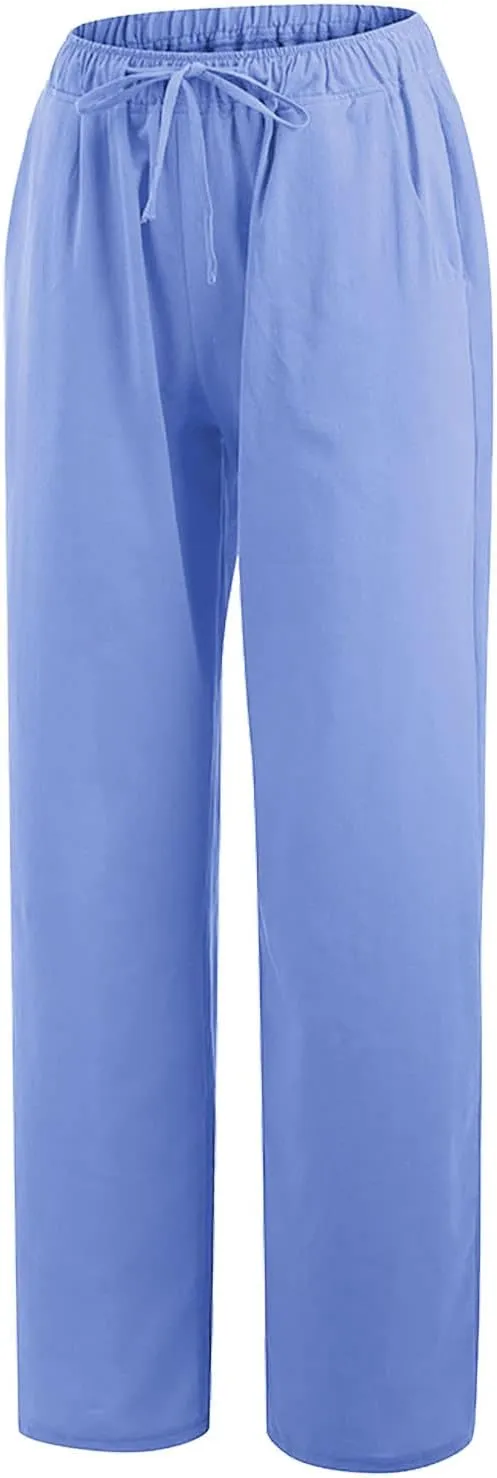 Womens Casual Linen Pants Loose Fit Wide Leg Trousers Elastic Drawstring Waist Lightweight Vacation Palazzo Pants