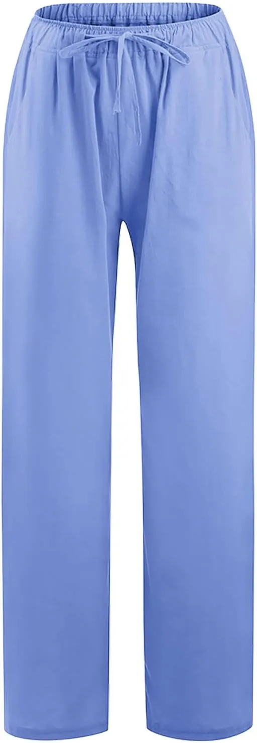 Womens Casual Linen Pants Loose Fit Wide Leg Trousers Elastic Drawstring Waist Lightweight Vacation Palazzo Pants