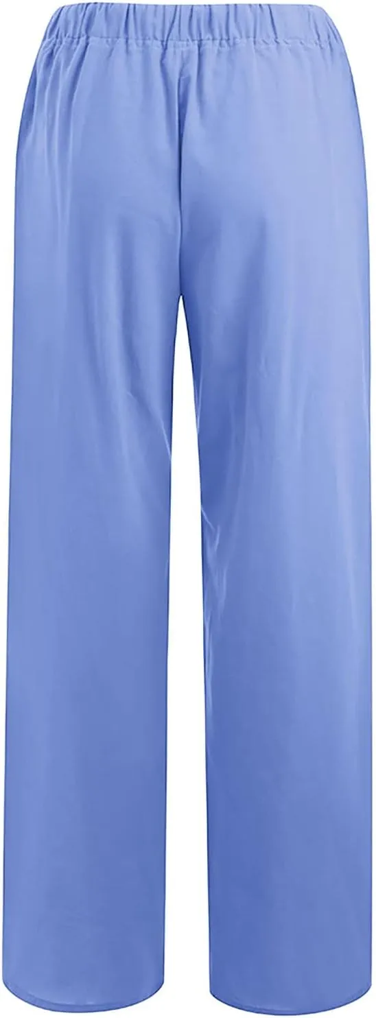 Womens Casual Linen Pants Loose Fit Wide Leg Trousers Elastic Drawstring Waist Lightweight Vacation Palazzo Pants