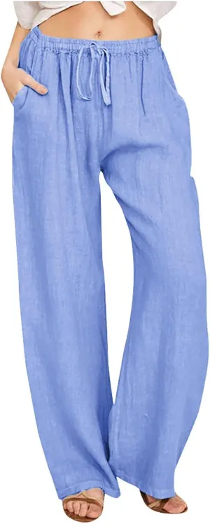 Womens Casual Linen Pants Loose Fit Wide Leg Trousers Elastic Drawstring Waist Lightweight Vacation Palazzo Pants