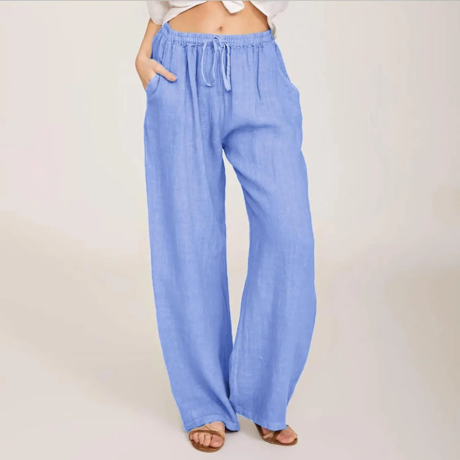 Womens Casual Linen Pants Loose Fit Wide Leg Trousers Elastic Drawstring Waist Lightweight Vacation Palazzo Pants