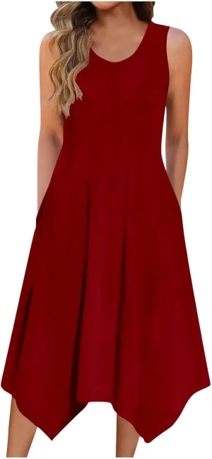 Women's Casual Summer Dress 2025 Sleeveless Dress Handkerchief Hem Midi Tank Dresses Beach Dress with Pockets