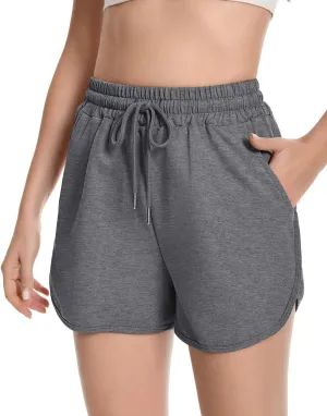 Womens Casual Sweat Shorts Curvy Hem Summer Cotton Lounge Shorts Drawstring Jersey Athletic Workout Shorts with Pockets