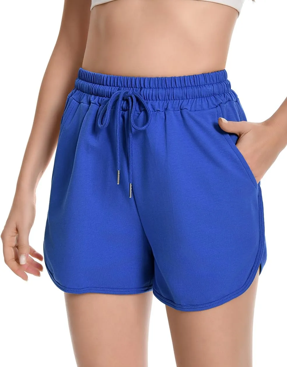 Womens Casual Sweat Shorts Curvy Hem Summer Cotton Lounge Shorts Drawstring Jersey Athletic Workout Shorts with Pockets