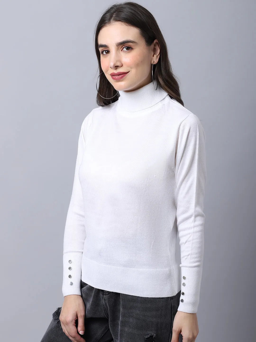 Women's Casual  White Turtle neck Pullover Sweater