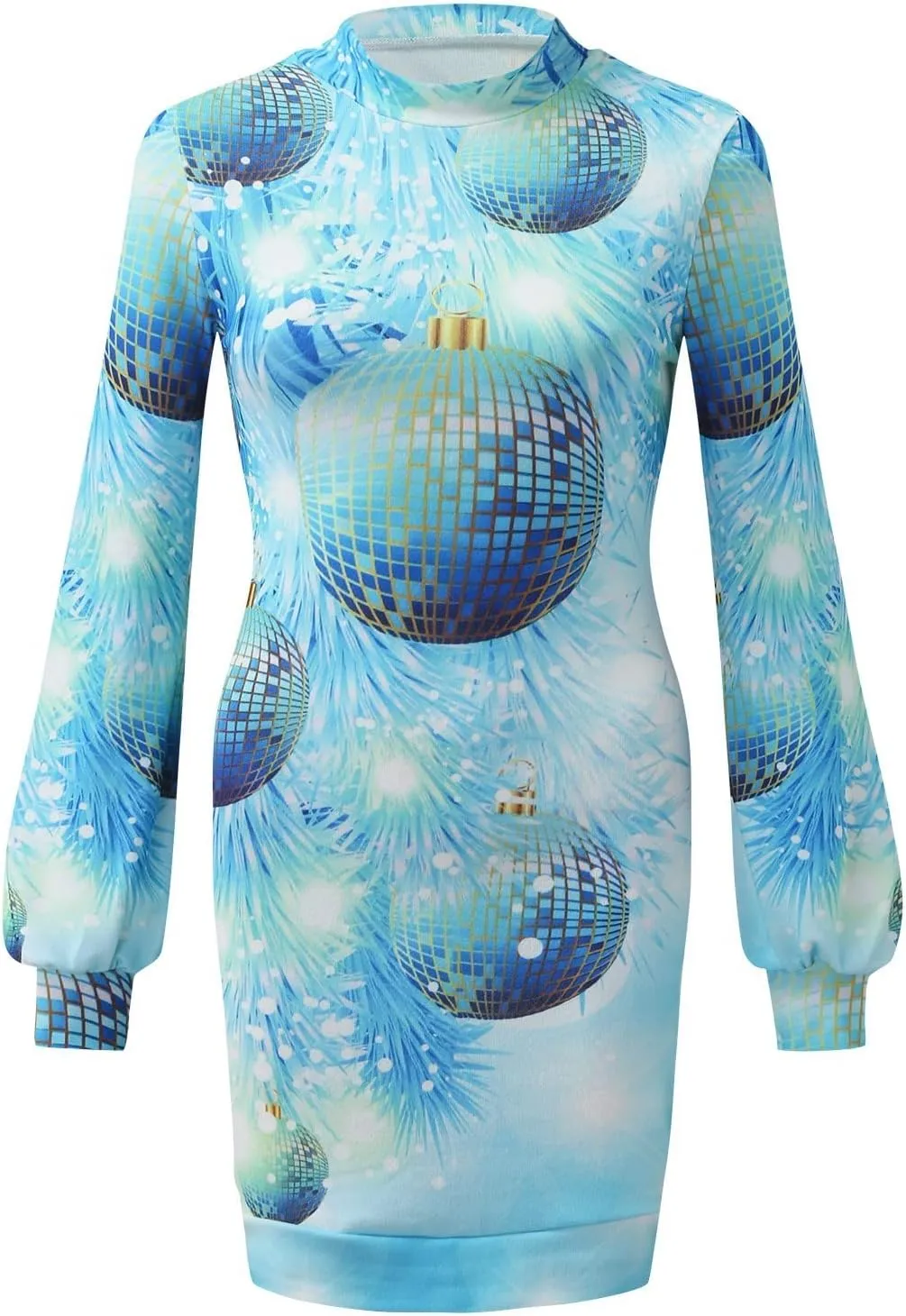 Women's Christmas Short Dress Cute Printed Slim Fit Casual Loose Novelty Long Puff Sleeve High Neck Formal Sweater Dress