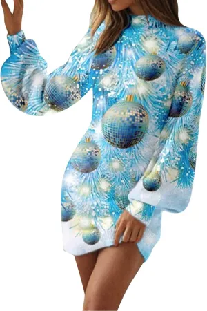 Women's Christmas Short Dress Cute Printed Slim Fit Casual Loose Novelty Long Puff Sleeve High Neck Formal Sweater Dress