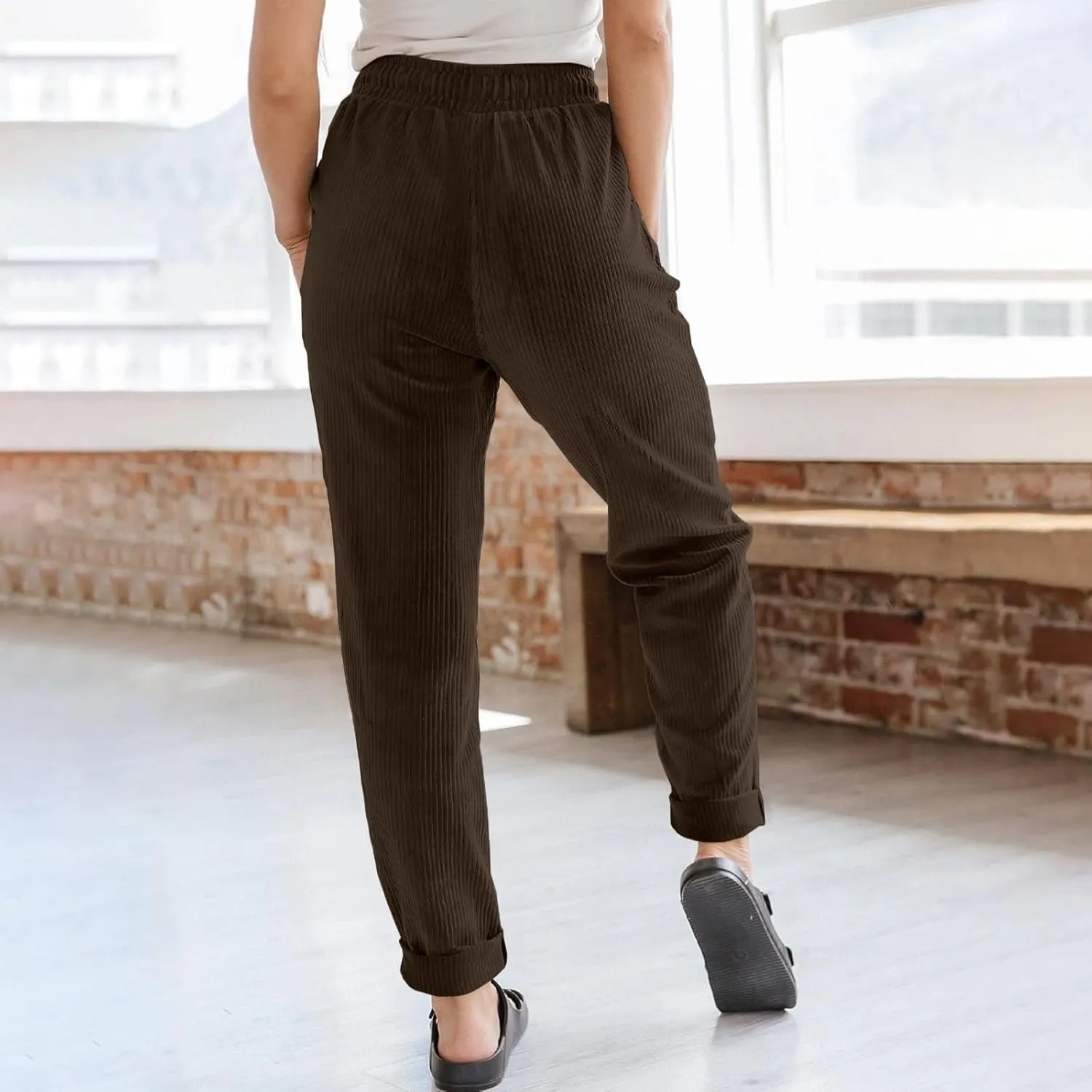 Womens Corduroy Cuffed Pants 2025 Trendy High Waisted Straight Leg Drawstring Trousers Work Office Dress Casual Pants