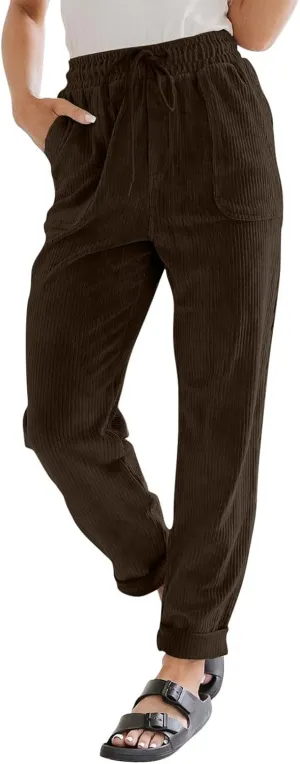 Womens Corduroy Cuffed Pants 2025 Trendy High Waisted Straight Leg Drawstring Trousers Work Office Dress Casual Pants