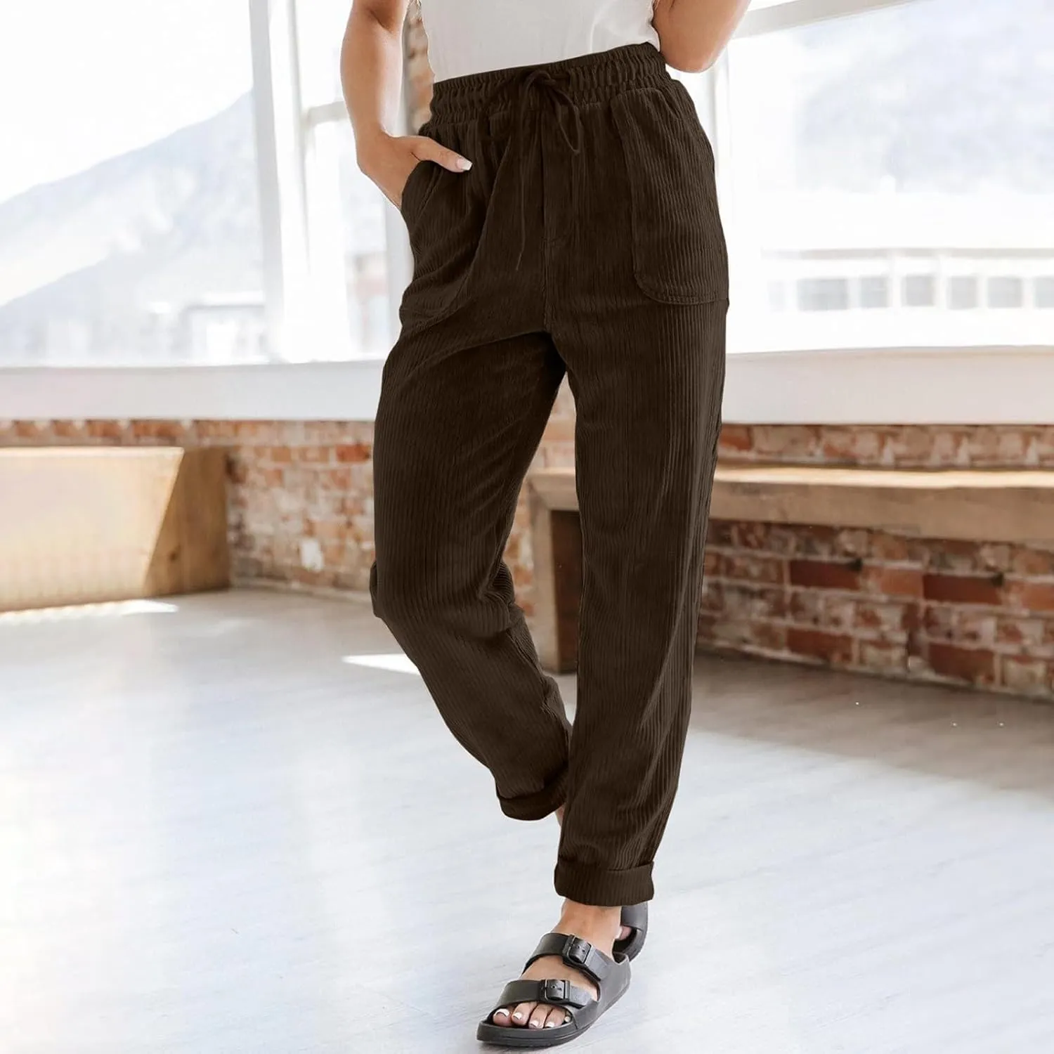 Womens Corduroy Cuffed Pants 2025 Trendy High Waisted Straight Leg Drawstring Trousers Work Office Dress Casual Pants