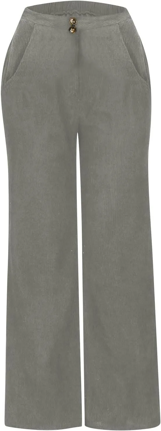 Womens Corduroy Pants Baggy Elastic Waist Wide Leg Pants Button Down Business Casual High Waisted Stretchy Work Pants