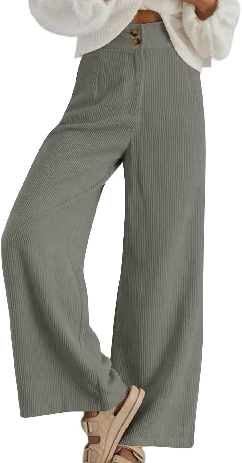 Womens Corduroy Pants Baggy Elastic Waist Wide Leg Pants Button Down Business Casual High Waisted Stretchy Work Pants