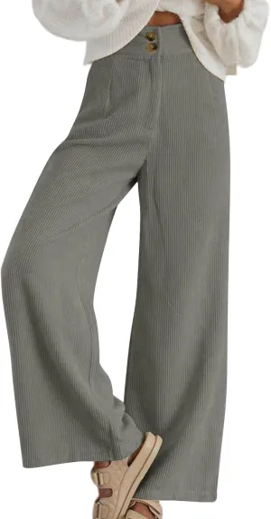 Womens Corduroy Pants Baggy Elastic Waist Wide Leg Pants Button Down Business Casual High Waisted Stretchy Work Pants
