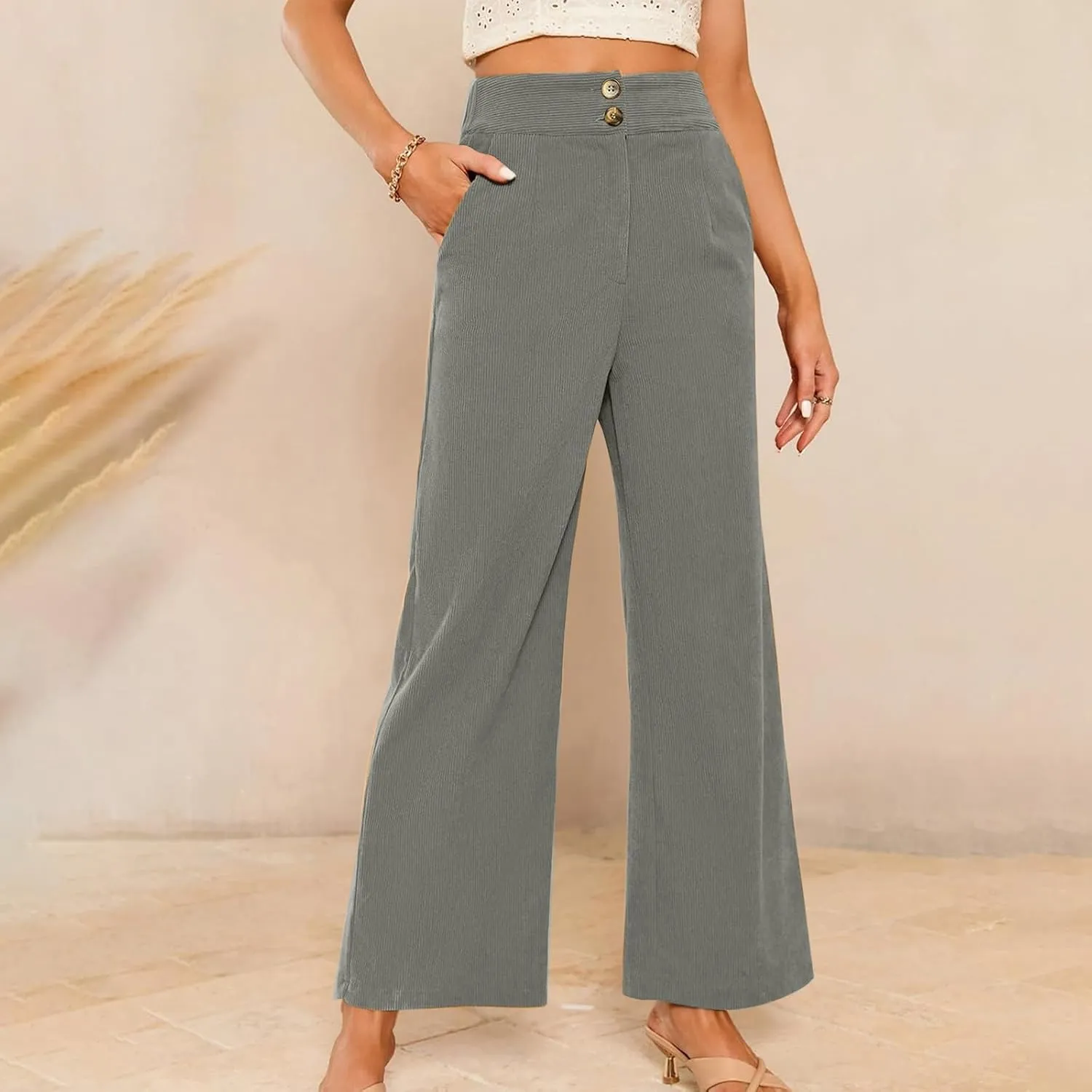 Womens Corduroy Pants Baggy Elastic Waist Wide Leg Pants Button Down Business Casual High Waisted Stretchy Work Pants