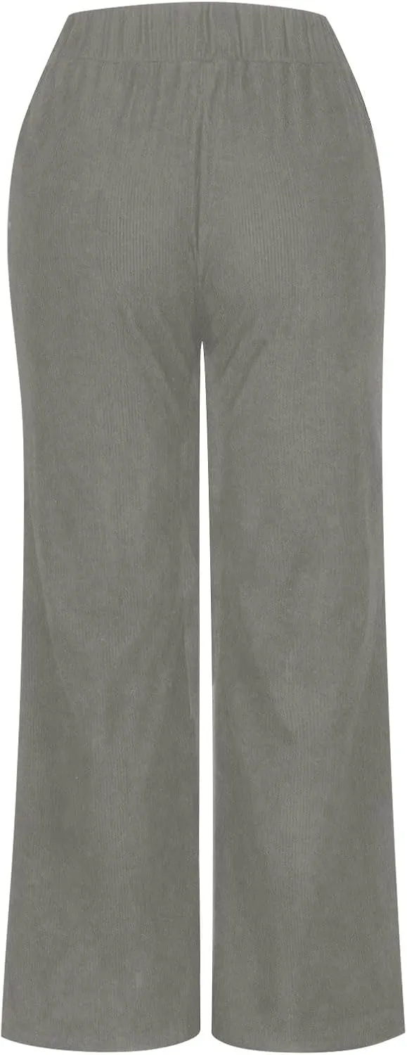 Womens Corduroy Pants Baggy Elastic Waist Wide Leg Pants Button Down Business Casual High Waisted Stretchy Work Pants