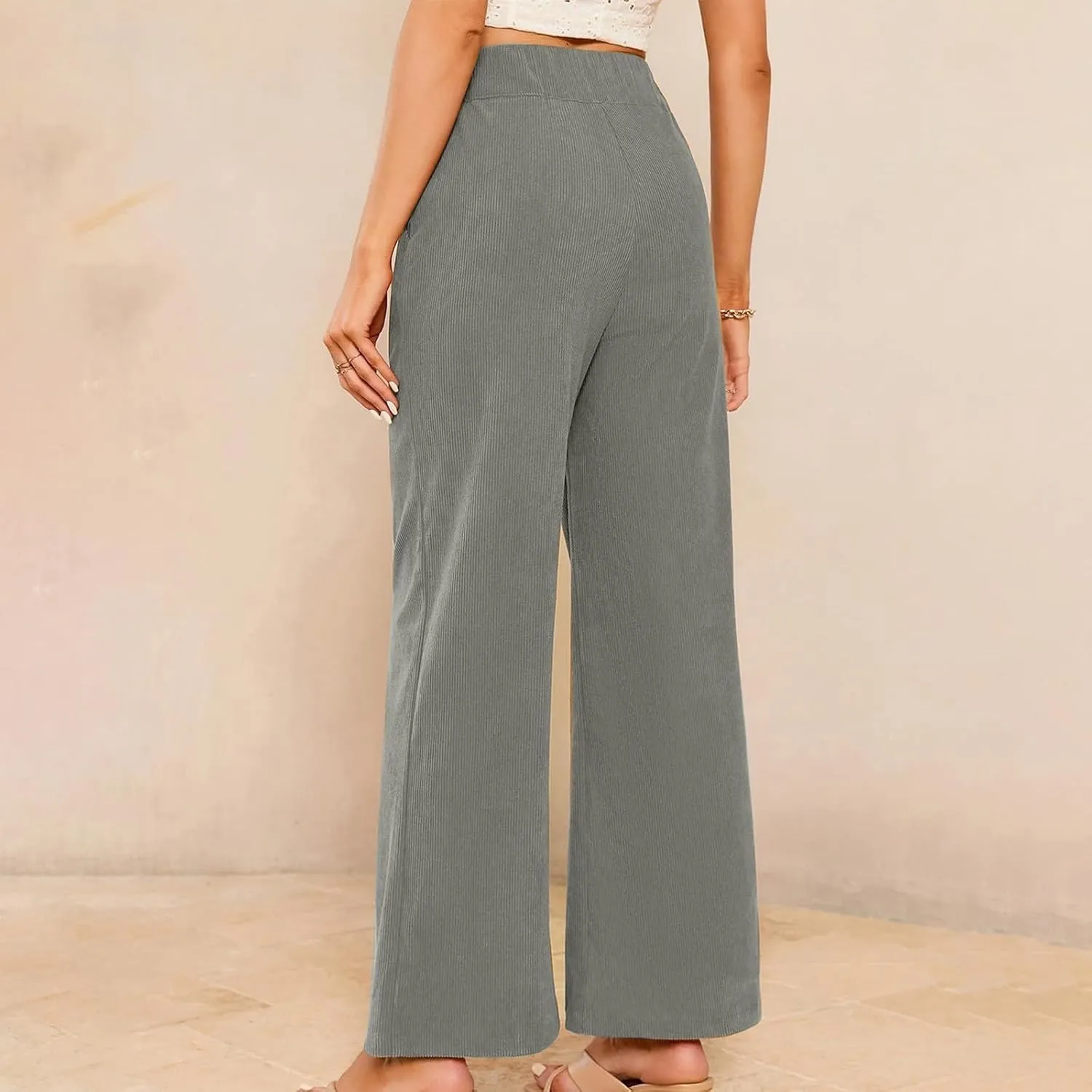 Womens Corduroy Pants Baggy Elastic Waist Wide Leg Pants Button Down Business Casual High Waisted Stretchy Work Pants