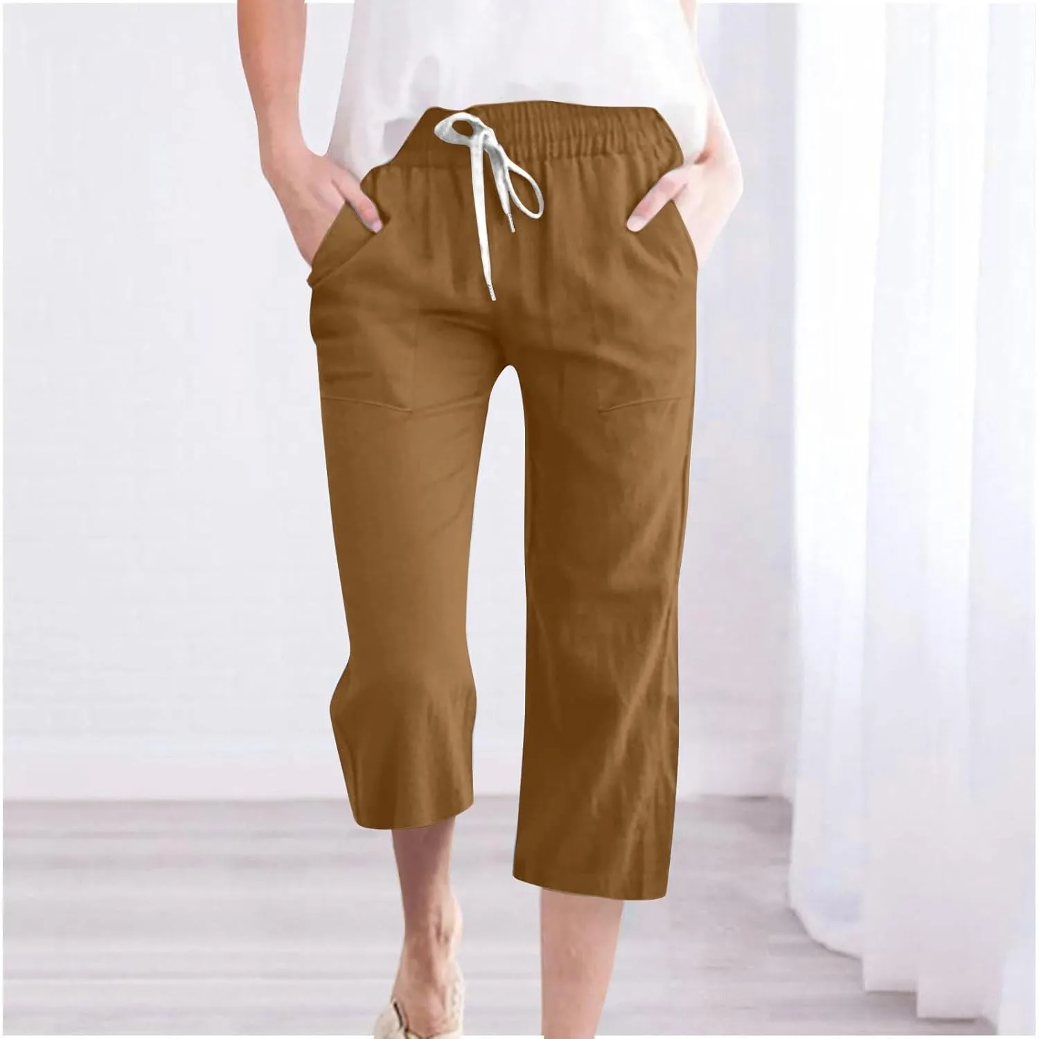 Womens Cotton Linen Summer Pull On Pant Trousers High Waist Wide Leg Plus Size Palazzo Pants Office
