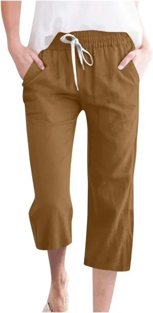 Womens Cotton Linen Summer Pull On Pant Trousers High Waist Wide Leg Plus Size Palazzo Pants Office