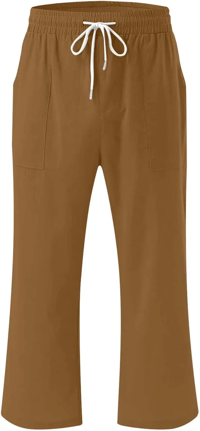 Womens Cotton Linen Summer Pull On Pant Trousers High Waist Wide Leg Plus Size Palazzo Pants Office