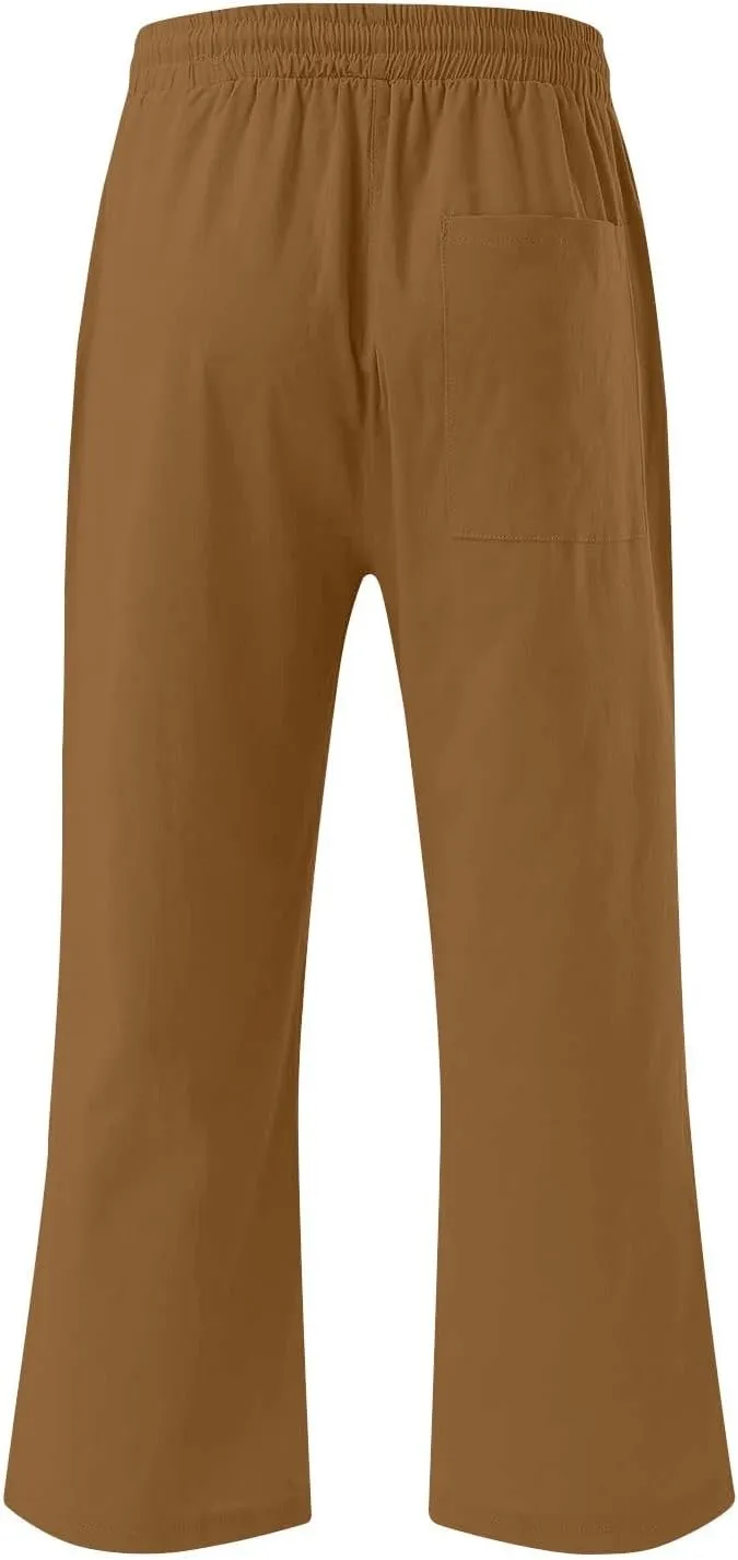 Womens Cotton Linen Summer Pull On Pant Trousers High Waist Wide Leg Plus Size Palazzo Pants Office