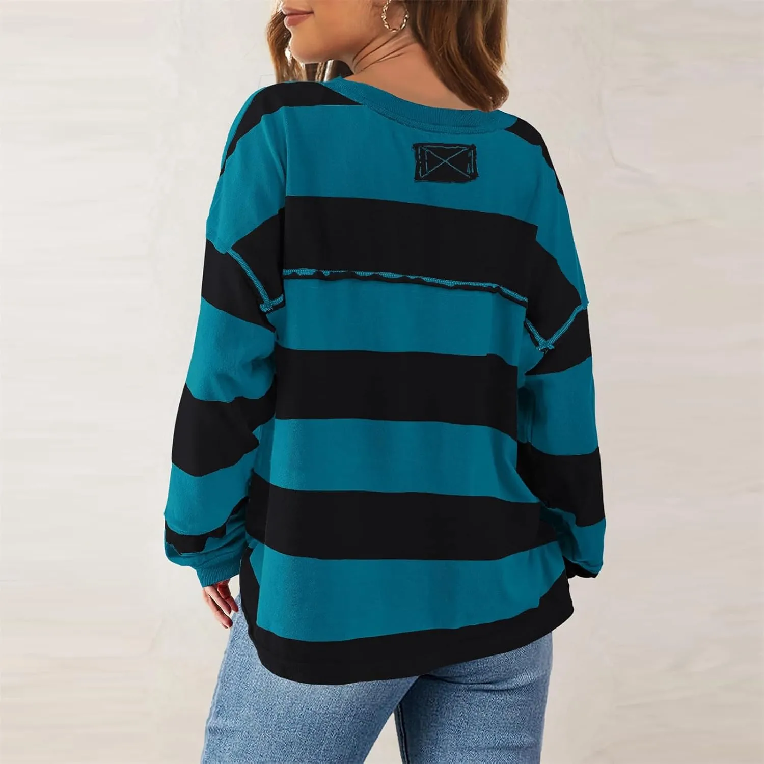 Women's Crewneck Sweatshirts Loose Fitting Casual Sweater Shirt Color Blocking Blouses Long Sleeve Tops