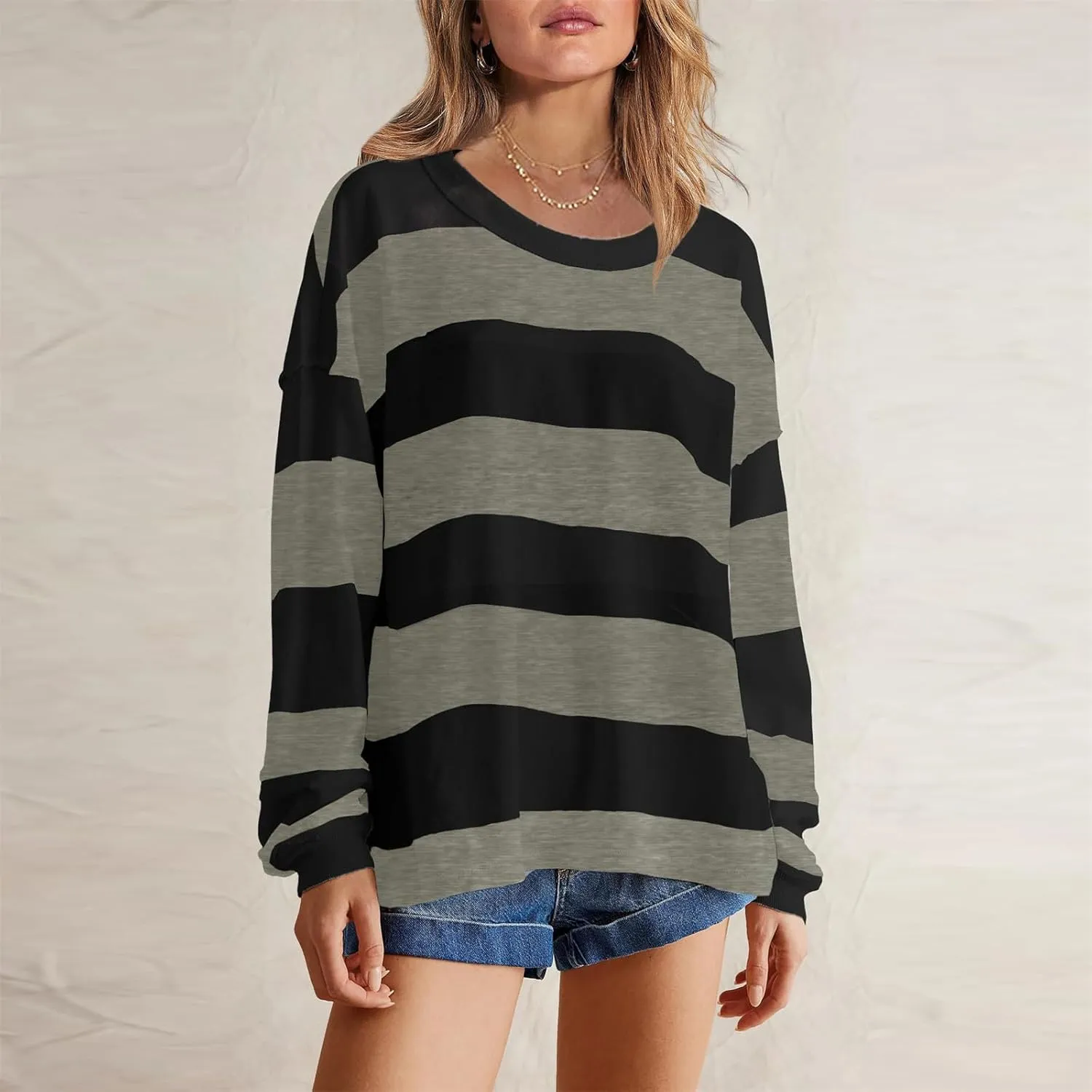 Women's Crewneck Sweatshirts Loose Fitting Casual Sweater Shirt Color Blocking Blouses Long Sleeve Tops