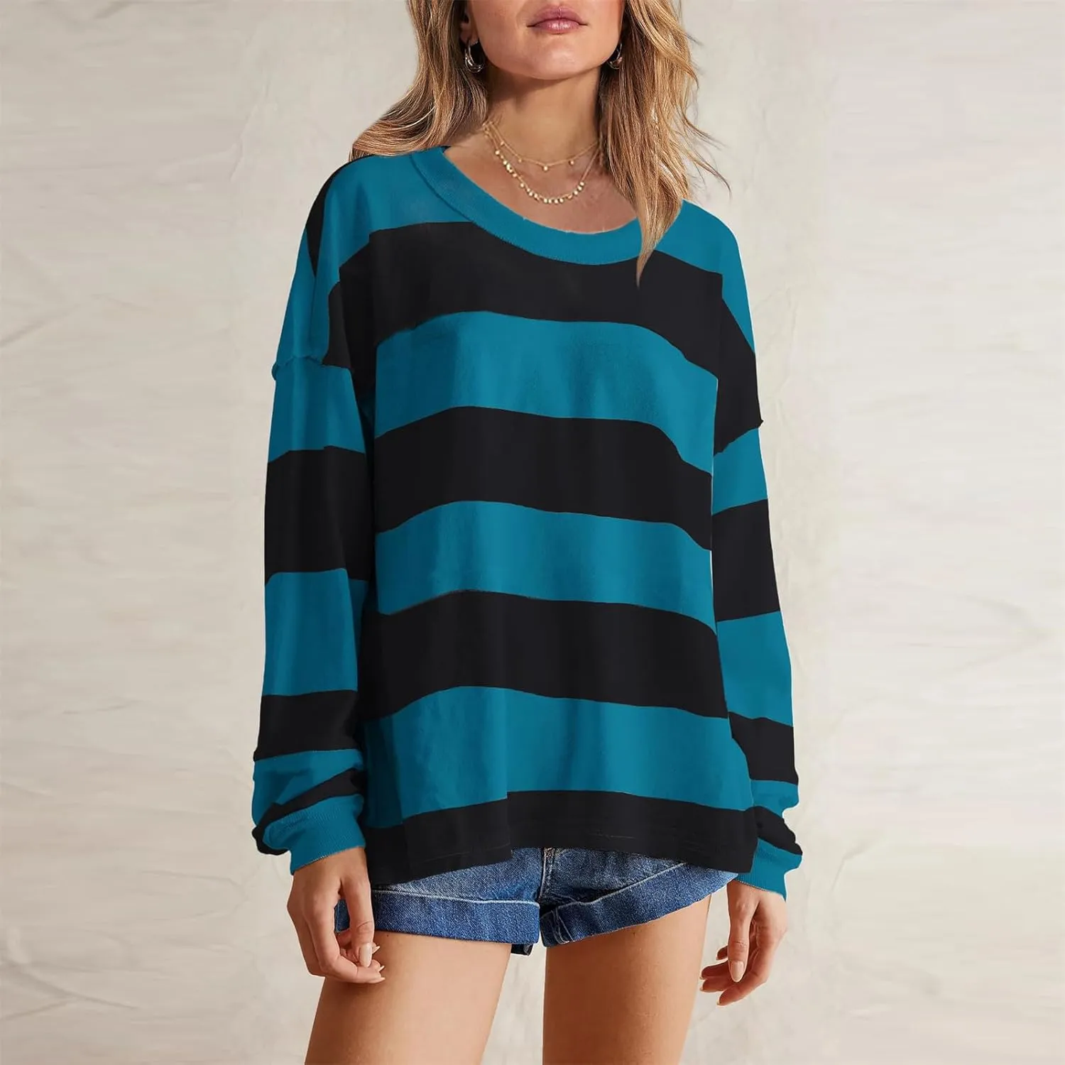 Women's Crewneck Sweatshirts Loose Fitting Casual Sweater Shirt Color Blocking Blouses Long Sleeve Tops