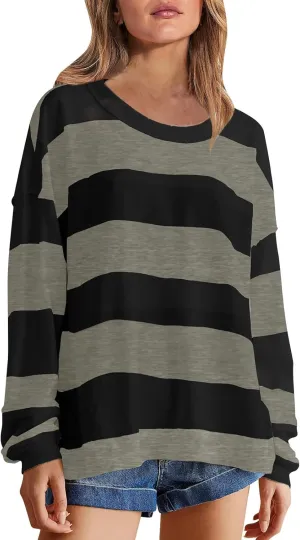 Women's Crewneck Sweatshirts Loose Fitting Casual Sweater Shirt Color Blocking Blouses Long Sleeve Tops