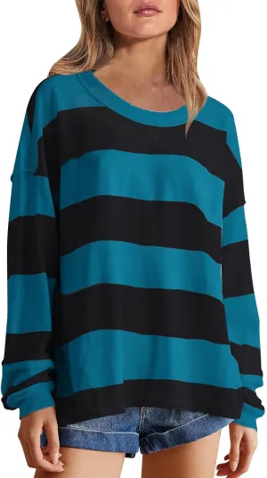 Women's Crewneck Sweatshirts Loose Fitting Casual Sweater Shirt Color Blocking Blouses Long Sleeve Tops