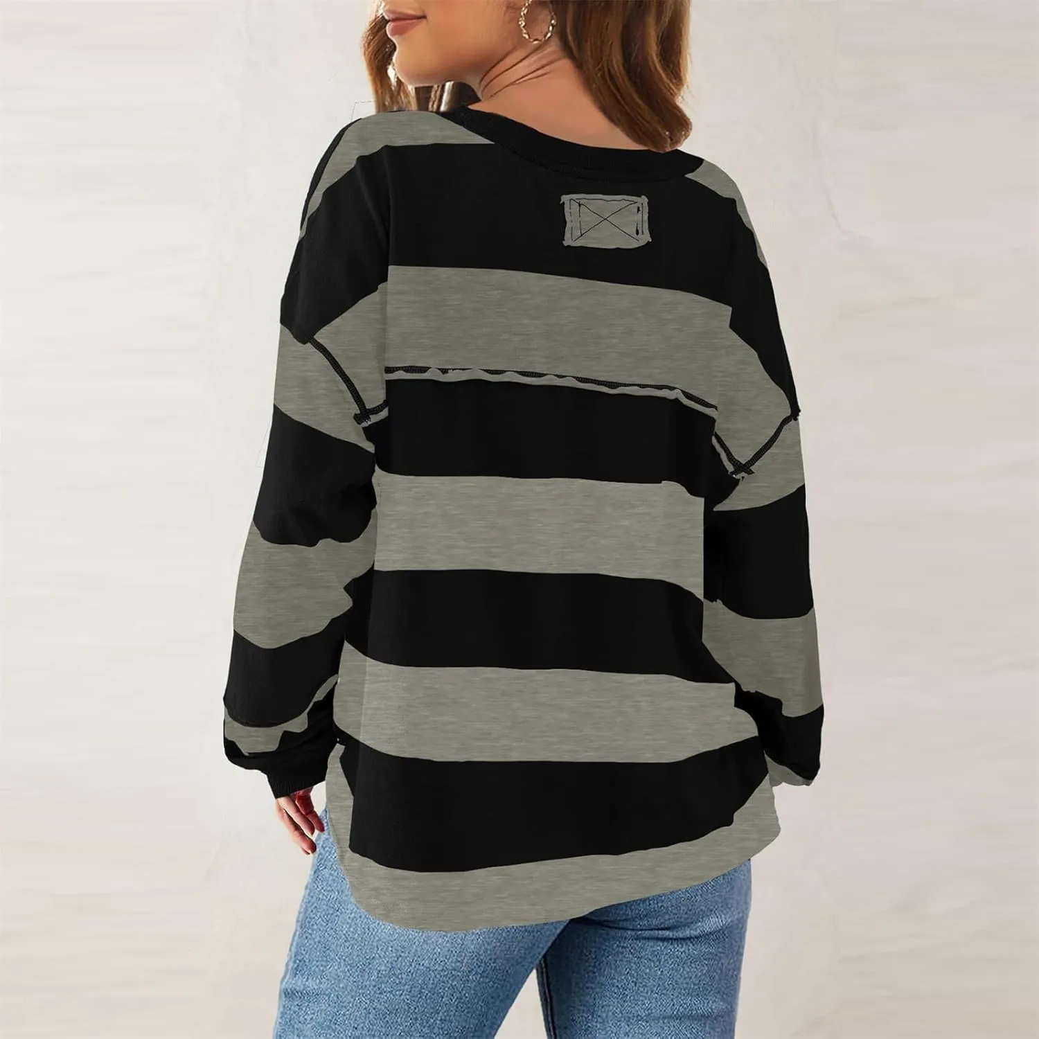 Women's Crewneck Sweatshirts Loose Fitting Casual Sweater Shirt Color Blocking Blouses Long Sleeve Tops