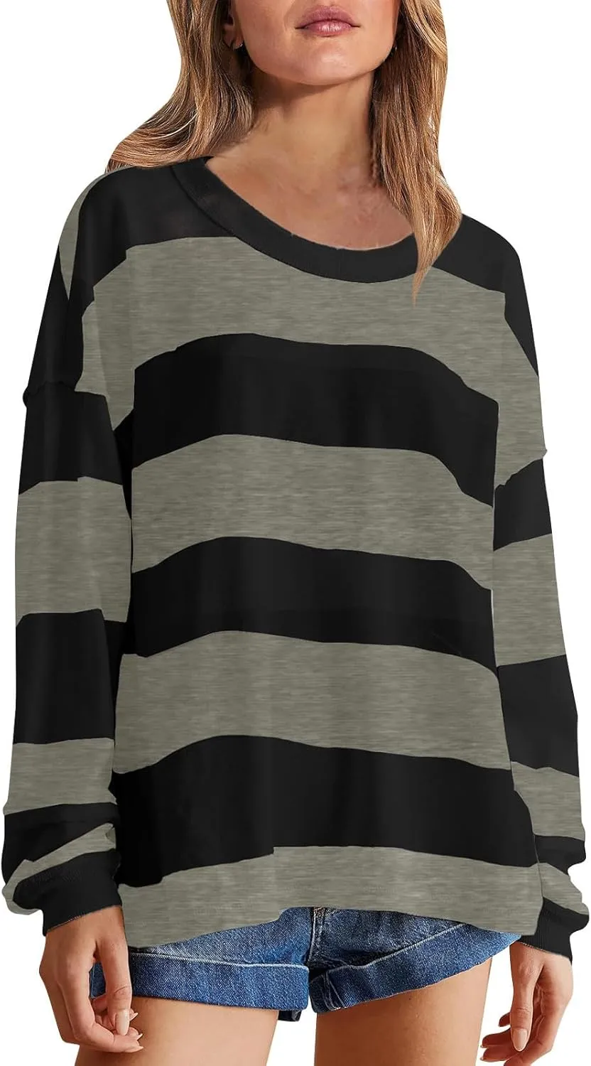 Women's Crewneck Sweatshirts Loose Fitting Casual Sweater Shirt Color Blocking Blouses Long Sleeve Tops